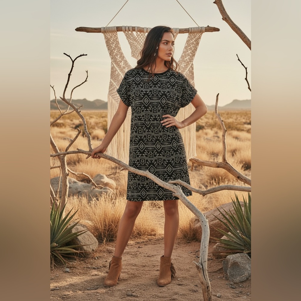 LuLaRoe Chelsea T Shirt Dress • Crêpe Moss Fabric • Black and White Aztec Print